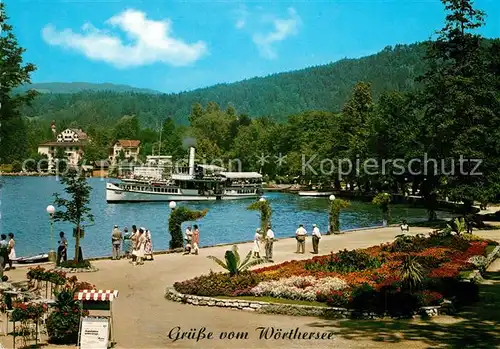 AK / Ansichtskarte Dampfer_Seitenrad Poertschach am Woerthersee Blumenstrand  Dampfer Seitenrad