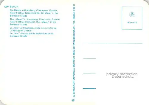 AK / Ansichtskarte Berliner_Mauer_Berlin_Wall Kreuzberg Checkpoint Charlie Peter Fechter Gedenkstaette Bernauer Strasse  Berliner_Mauer