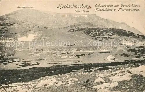 AK / Ansichtskarte Hochschneeberg Landschaftspanorama Ochsenboden mit Damboeckhaus Fischerhuette und Klosterwappen Hochschneeberg