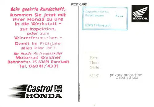 AK / Ansichtskarte Motorrad Castrol Honda  Motorrad