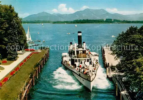 AK / Ansichtskarte Dampfer_Seitenrad Prien am Chiemsee Anlegestelle Dampfer Seitenrad