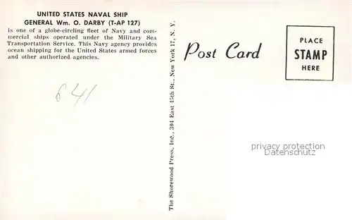 AK / Ansichtskarte Dampfer_Oceanliner U.S.N.S. General Wm. O. Darby  Dampfer Oceanliner