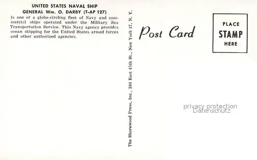 AK / Ansichtskarte Dampfer_Oceanliner U.S.N.S. General Wm. O. Darby Dampfer Oceanliner