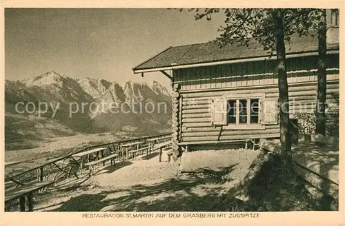 AK / Ansichtskarte Garmisch Partenkirchen Restauration St Martin auf dem Grasberg Blick zur Zugspitze Wettersteingebirge Garmisch Partenkirchen