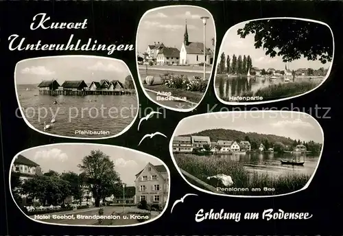 AK / Ansichtskarte Unteruhldingen Pfahbauten Altes Badenhaus Hafen Hotel Seehof Unteruhldingen