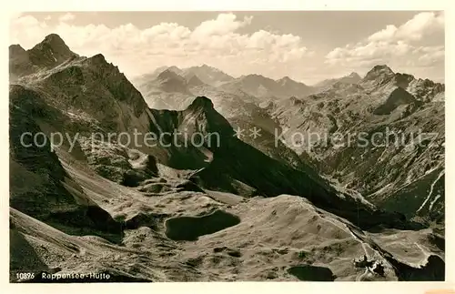 AK / Ansichtskarte Rappenseehuette Heilbronnerweg Bergwanderung Gebirgspanorama Allgaeuer Alpen Rappenseehuette