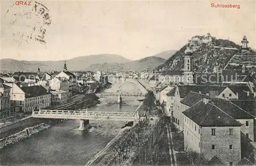 AK / Ansichtskarte Graz_Steiermark Stadtpanorama mit Blick ueber die Mur Schlossberg mit Uhrturm Graz_Steiermark
