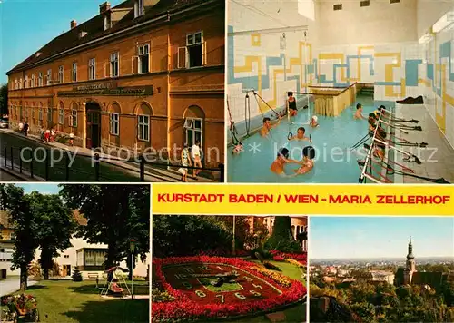 AK / Ansichtskarte Baden_Wien Mariazellerhof Unterwassertherapie Park Blumenuhr Stadtblick Baden_Wien