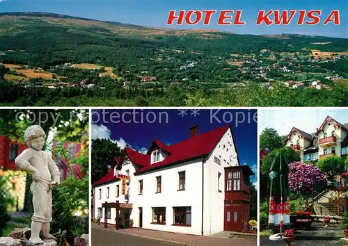 AK / Ansichtskarte Swieradow_Zdroj_Bad_Flinsberg Panorama Hotel Kwisa Brunnenfigur Garten Swieradow_Zdroj