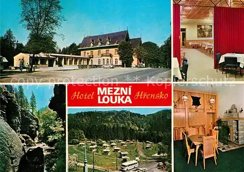 AK / Ansichtskarte Hrensko Hotel Mezni louka Jidelna Partie z Tiche soutesky Chatovy tabor Klubovna Hrensko