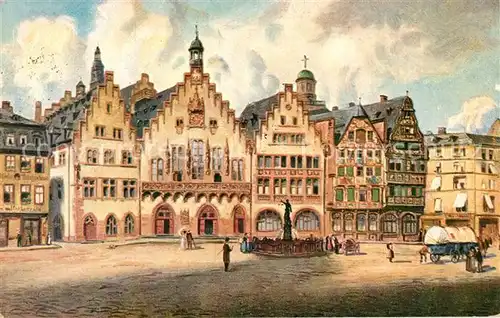 AK / Ansichtskarte Alt_Frankfurt Der Roemer Platz Gerechtigkeitsbrunnen Giebelhaeuser Altstadt Kuenstlerkarte Alt_Frankfurt