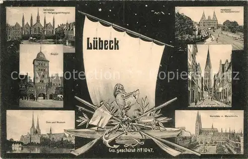 AK / Ansichtskarte Luebeck Geibelplatz Hospital Holstentor Bruecke Burgtor Kirche Dom Museum Marktplatz Rathaus Luebeck