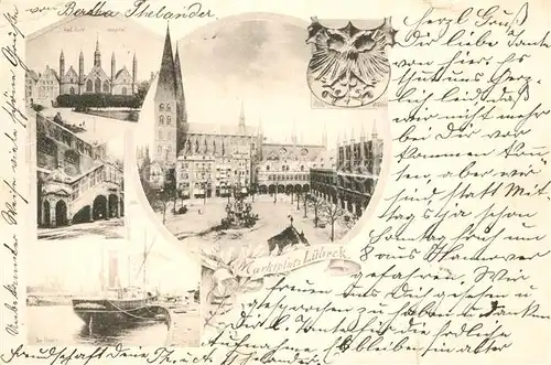 AK / Ansichtskarte Luebeck Hospital Hafen Rathaus Platz Kirche Wappen Deutsche Reichspost Luebeck