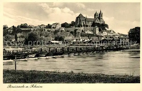 AK / Ansichtskarte Breisach_Rhein Uferpartie am Rhein Schiffsbruecke Blick zum Muenster Breisach Rhein