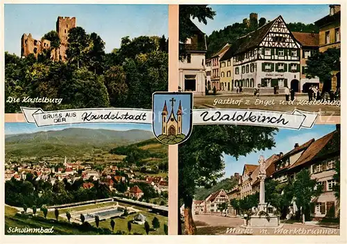 AK / Ansichtskarte Waldkirch_Breisgau Kastelburg Ruine Schwimmbad Freibad Gasthof zum Engel Fachwerkhaus Marktplatz Marktbrunnen Waldkirch Breisgau