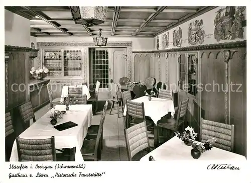 AK / Ansichtskarte Staufen_Breisgau Gasthaus zum Loewen Gastraum Historische Fauststaette Staufen Breisgau