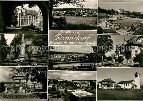 AK / Ansichtskarte Bonndorf_Schwarzwald Gesamtansicht Wutachschlucht Ruemmelesteg Lindenbuck Aussichtspunkt Freibad Kirche Hotel Strassenpartie Bonndorf Schwarzwald