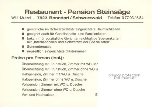 AK / Ansichtskarte Bonndorf_Schwarzwald Restaurant Pension Steinsaege Bonndorf Schwarzwald