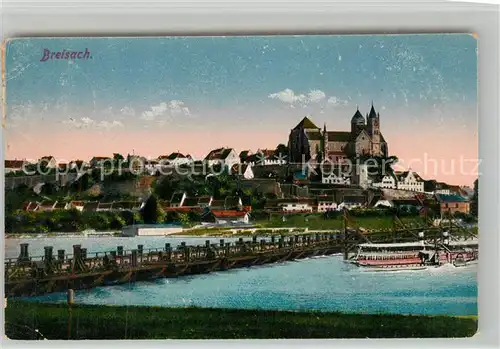 AK / Ansichtskarte Breisach_Rhein Partie am Rhein Schiffsbruecke Blick zum Muenster Breisach Rhein