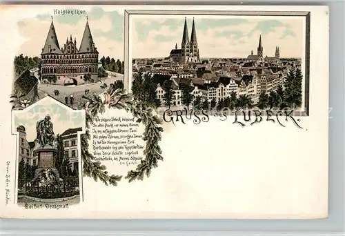 AK / Ansichtskarte Luebeck Holstentor Geibeldenkmal Stadtbild mit Kirchen Litho Luebeck
