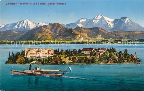 AK / Ansichtskarte Chiemsee Insel Herrenwoerth und Schloss Herrenchiemsee Dampfer Alpen Chiemsee