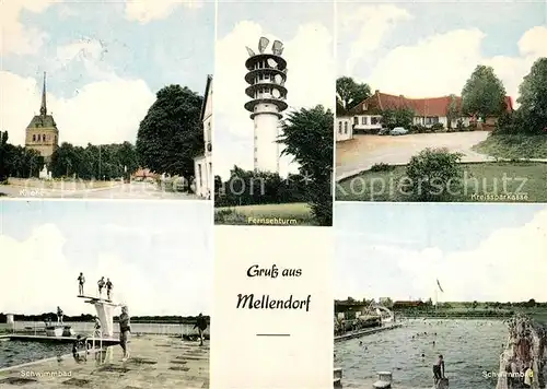 AK / Ansichtskarte Mellendorf Kirche Fernsehturm Kreissparkasse Schwimmbad Freibad Sprungturm Mellendorf