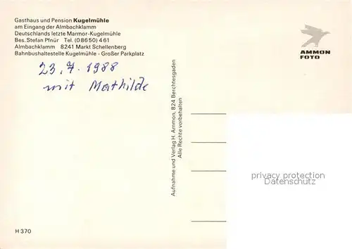 AK / Ansichtskarte Markt_Schellenberg Ambachklamm Gasthaus Kugelmuehle Markt_Schellenberg