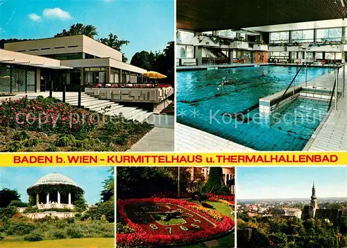 AK / Ansichtskarte Baden_Wien Kurmittelhaus und Thermalhallenbad Beethoventempel Blumenuhr Stadtansicht Baden_Wien