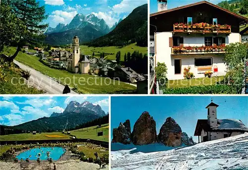 AK / Ansichtskarte Sexten_Sesto_Suedtirol Kirche Pension Innerkofler Schwimmba Kapelle Sexten_Sesto_Suedtirol