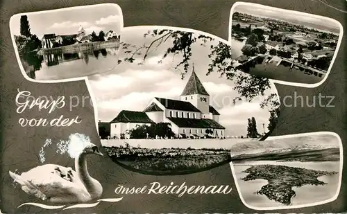 AK / Ansichtskarte Insel_Reichenau Kloster Kirche Schwan Fliegeraufnahme Insel Reichenau