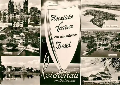 AK / Ansichtskarte Insel_Reichenau Niederzell Kloster Muenster Mittelzell Basilika St. Georg Segelboot Strandhotel Landestelle Fliegeraufnahme Insel Reichenau