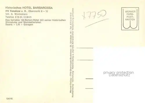 AK / Ansichtskarte Konstanz_Bodensee Historisches Hotel Barbarossa Restaurant Konstanz_Bodensee