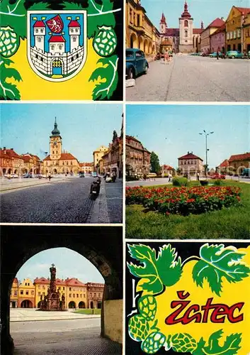 AK / Ansichtskarte Zatec Hosfalkovo namesti Radnice Namesti Jana Svermy Typicke loubi domu na nam VRSA zatec