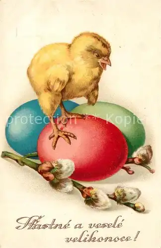 AK / Ansichtskarte Ostern_Easter_Paques Kueken Ostereier Weidenkaetzchen Litho Ostern_Easter_Paques