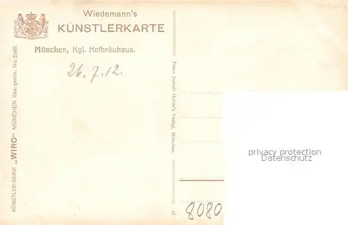AK / Ansichtskarte Verlag_Wiedemann_WIRO_Nr. 2163 Muenchen Hofbraeuhaus  Verlag_Wiedemann_WIRO_Nr.