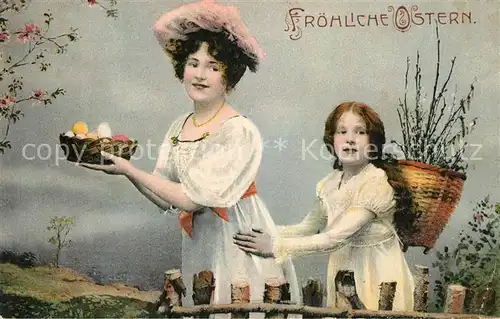 AK / Ansichtskarte Ostern_Easter_Paques Kind Mutter Ostereier Weidenkaetzchen  Ostern_Easter_Paques