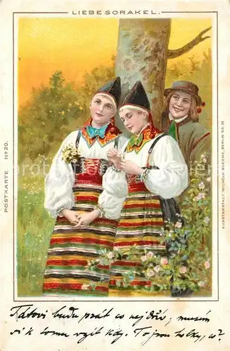 AK / Ansichtskarte Trachten Liebesorakel Gaensebluemchen Litho  Trachten