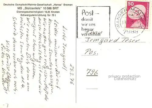 AK / Ansichtskarte Schiffe_Ships_Navires MS Stolzenfels  Schiffe_Ships_Navires