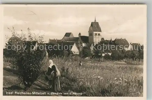AK / Ansichtskarte Mittelzell Ortsansicht mit Kirche Gemaelde von J. Herzog Kuenstlerkarte Mittelzell