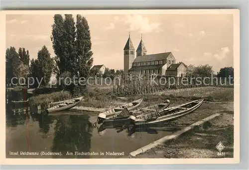 AK / Ansichtskarte Niederzell_Reichenau Fischerhafen Blick zur Kirche Niederzell Reichenau