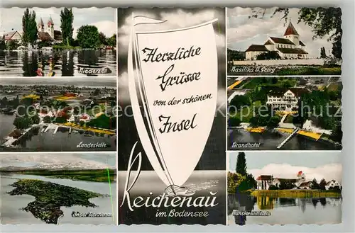 AK / Ansichtskarte Insel_Reichenau Niederzell Basilika St Georg Mittelzell Muenster Strandhotel Segelboot Fliegeraufnahme Insel Reichenau