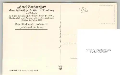 AK / Ansichtskarte Konstanz_Bodensee Historisches Gebaeude Hotel Barbarossa Diele Konstanz_Bodensee