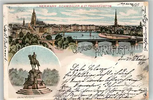 AK / Ansichtskarte Frankfurt_Main Stadtpanorama mit Mainbruecke Kaiser Wilhelm I Denkmal Reiterstandbild Litho Frankfurt Main