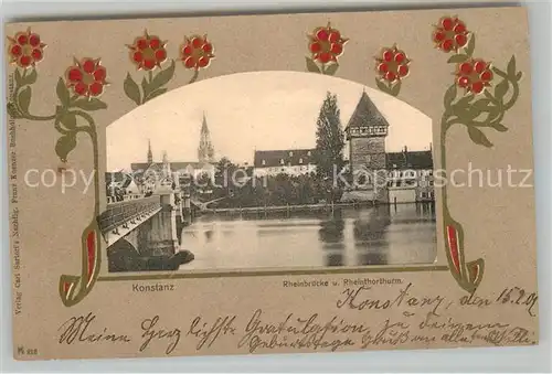 AK / Ansichtskarte Konstanz_Bodensee Rheinbruecke und Rheintorturm Rahmen Blumen Konstanz_Bodensee