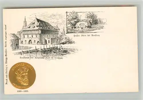 AK / Ansichtskarte Konstanz_Bodensee Kaufhaus mit Konziliumsaal Hussenstein Gedenkstein Muenze Kuenstlerkarte Konstanz_Bodensee