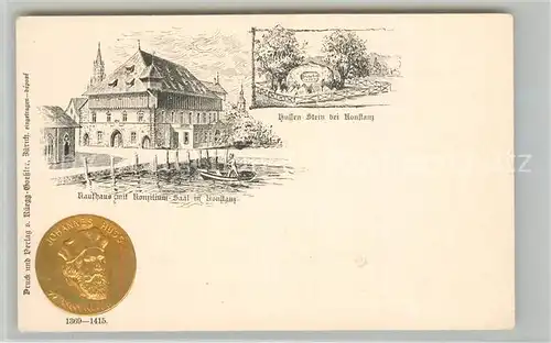 AK / Ansichtskarte Konstanz_Bodensee Kaufhaus mit Konziliumsaal Hussenstein Gedenkstein Gedenkmuenze Kuenstlerkarte Konstanz_Bodensee
