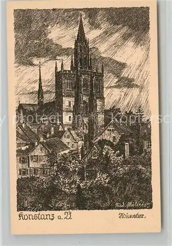 AK / Ansichtskarte Konstanz_Bodensee Muenster Original Kuenstlerzeichnung Rudi Muellers Konstanz_Bodensee