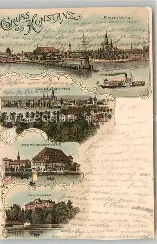 AK / Ansichtskarte Konstanz_Bodensee Seestrasse Hafen Dampfer Conciliumsgebaeude Schloss Mainau Litho Konstanz_Bodensee