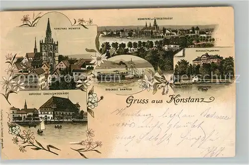 AK / Ansichtskarte Konstanz_Bodensee Muenster Seestrasse Dampfer Schloss Mainau Konziliumgebaeude Litho Deutsche Reichspost Konstanz_Bodensee