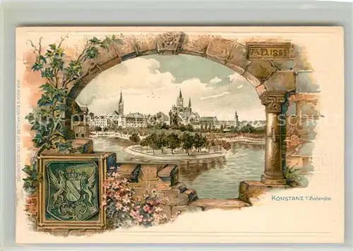 AK / Ansichtskarte Konstanz_Bodensee Stadtpanorama mit Muenster Wappen Kuenstlerkarte Konstanz_Bodensee